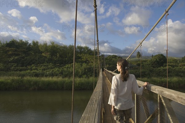 Rear view of woman walking on wooden footbridge