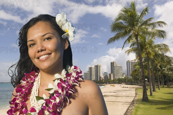 Pacific Islander woman wearing lei