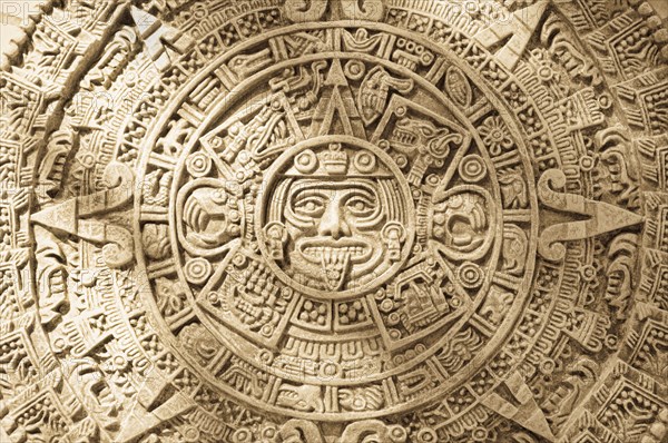 Close up of Aztec calendar stone carving