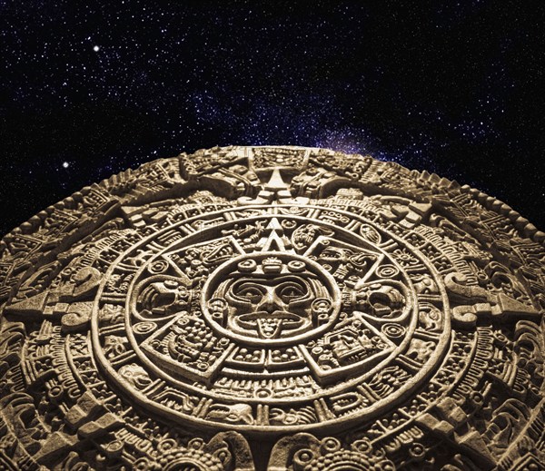 Aztec calendar stone carving in space