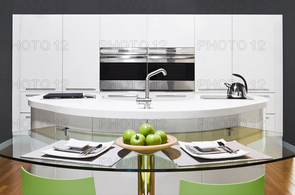 Table and countertops in modern kitchen