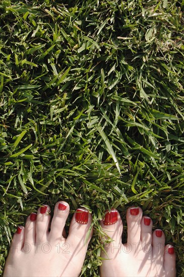 Red toenails of barefoot woman in grass