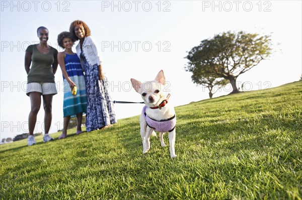 African American family walking dog in park