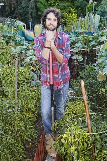 Caucasian man working in garden