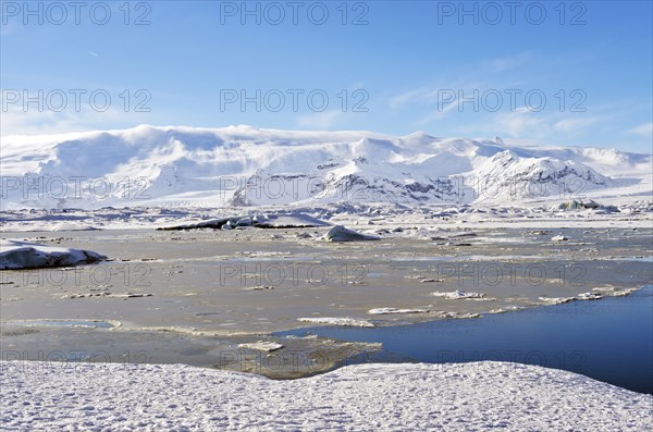 Snowy mountains in arctic landscape