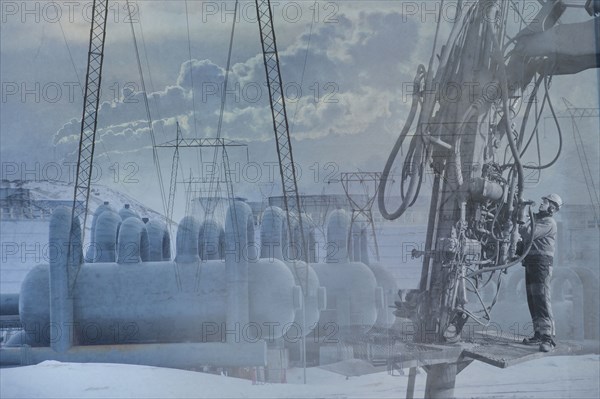 Double exposure of power plant and landscape