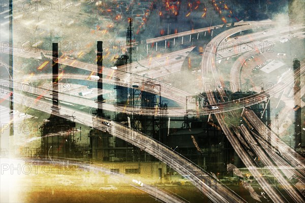 Double exposure of highway and power plant