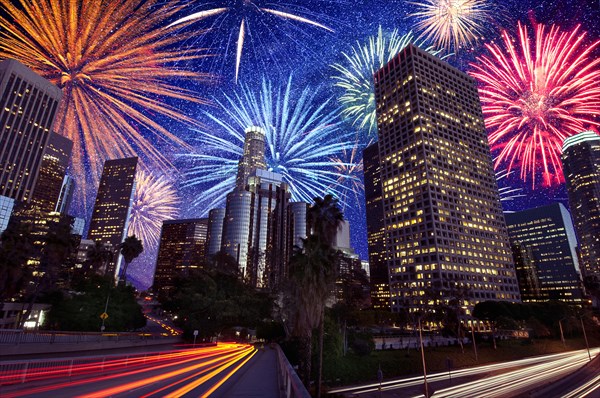 Fireworks exploding over downtown Los Angeles