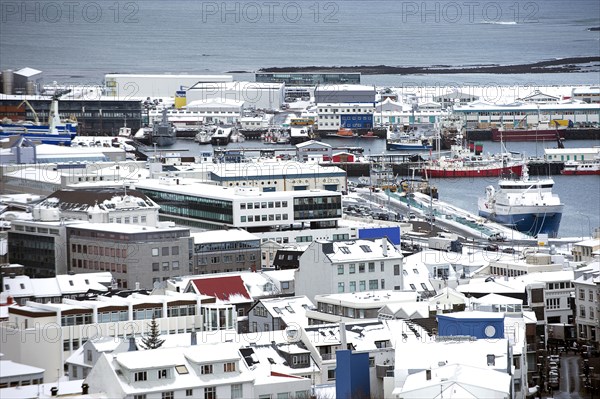 Aerial view of cityscape and ocean