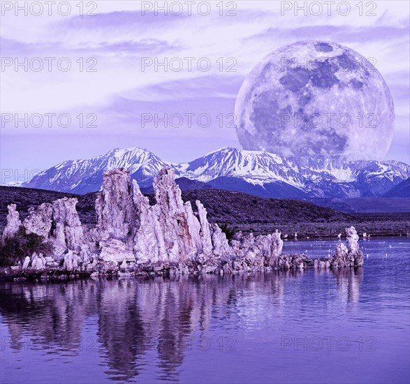 Moon over rock formation at Mono Lake