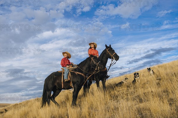 Caucasian mother and son on horseback on grassy hill