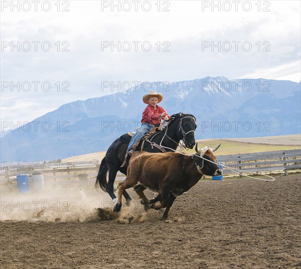 Caucasian boy chasing cattle at rodeo