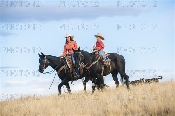 Caucasian mother and son riding horses in grassy field