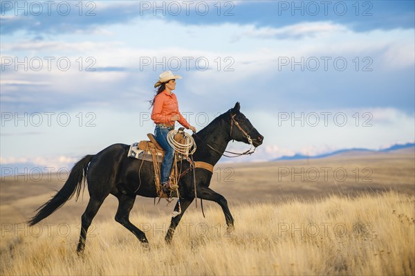 Caucasian mother and son riding horses in grassy field