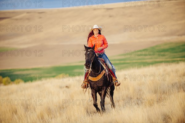 Caucasian woman riding horse in grassy field