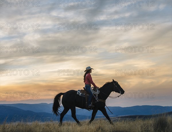 Caucasian woman riding horse in grassy field