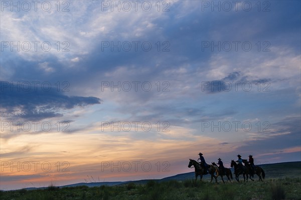 Cowgirls and cowboy riding horses in rural field