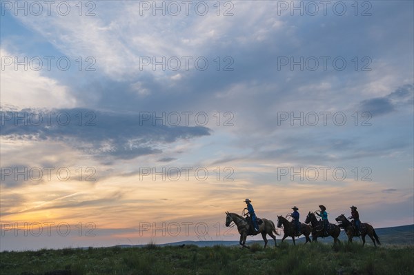 Cowgirls and cowboy riding horses in rural field