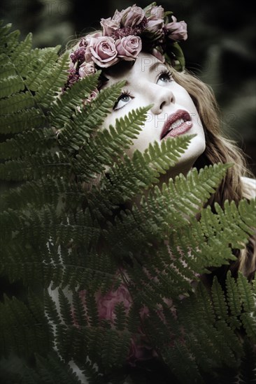 Caucasian woman wearing flower crown in forest