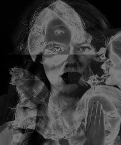 Multiple exposures of face of Caucasian woman