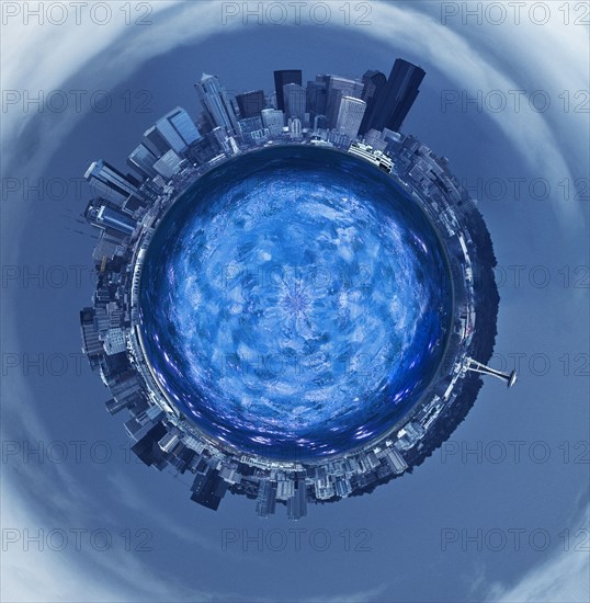 Highrises around blue sphere