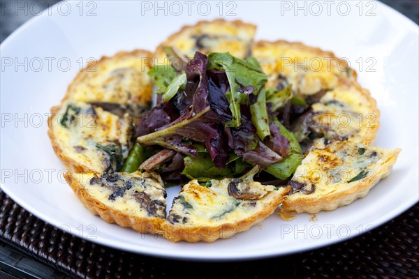 Quiche on plate with salad