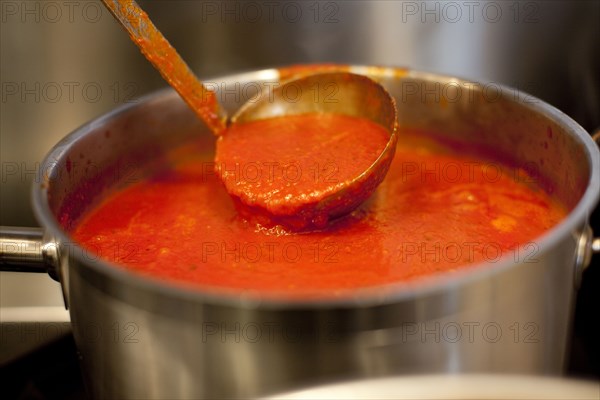 Ladle in pot of marinara sauce