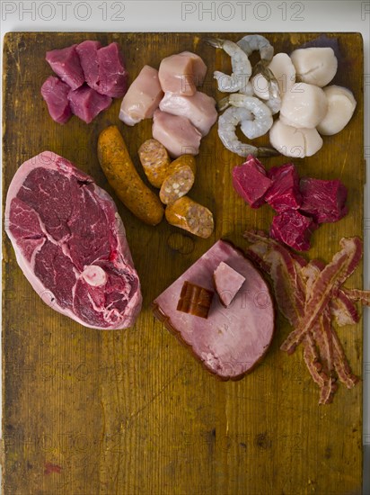 Various raw meat and seafood
