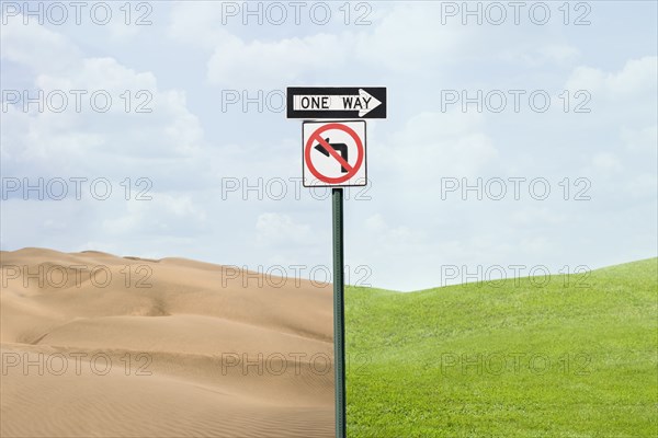 Road signs pointing at green grass and desert