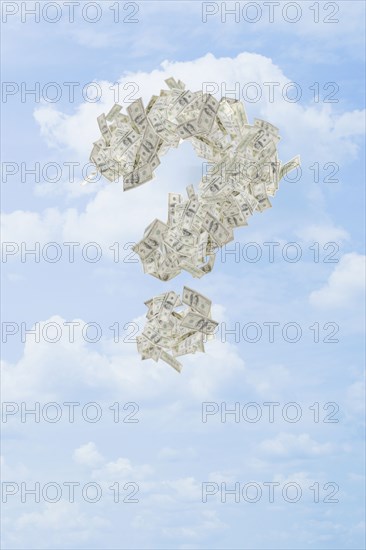 Illustration of dollar bills making question mark in sky