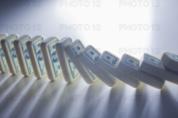 Close up of falling stacks of dollar bills