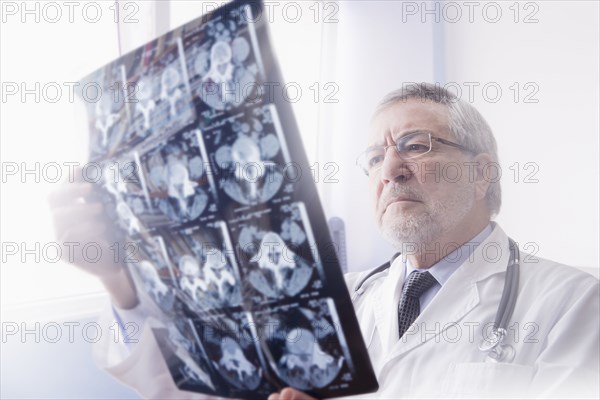 Hispanic doctor reading x-rays in hospital