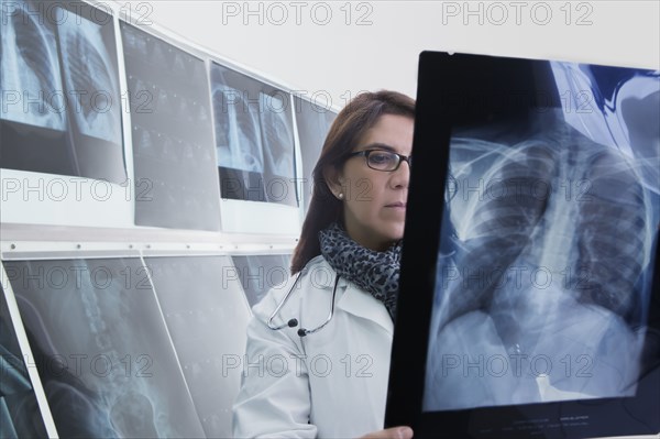 Hispanic doctor examining x-rays in hospital