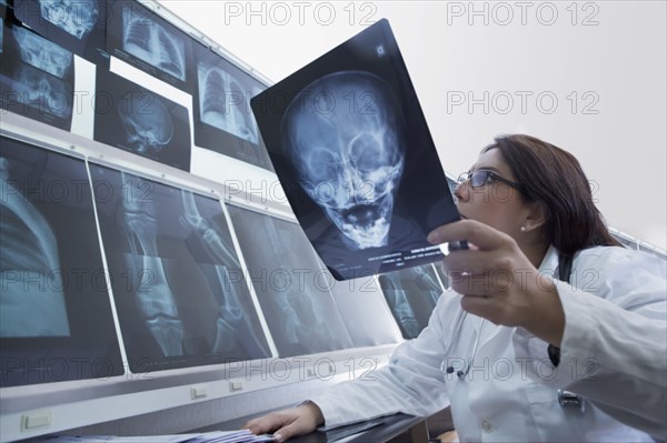 Hispanic doctor examining x-rays in hospital