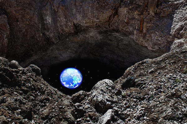 Reflection of planet in water near rocks