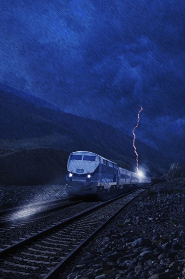 Lightning striking train in rain