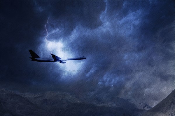 Lightning striking airplane flying in sky