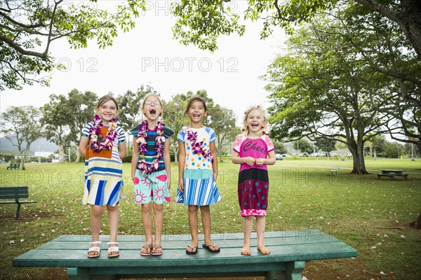 Girls standing together on picnic table