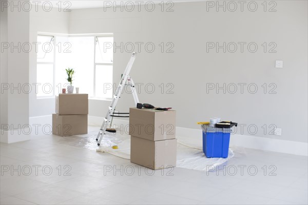 Cardboard boxes and ladder in new home