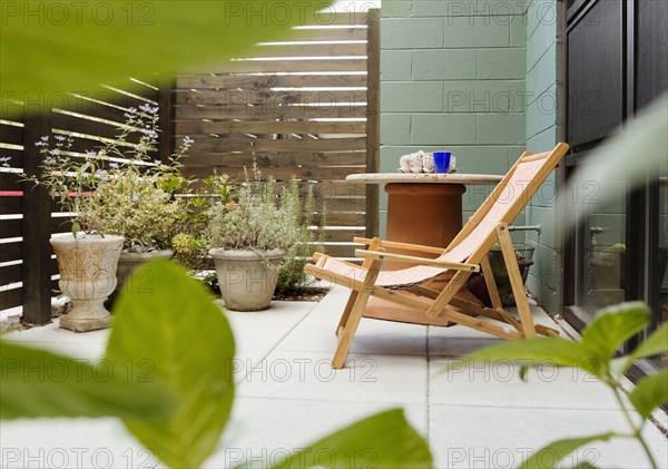 Landscaping and patio of modern condo building