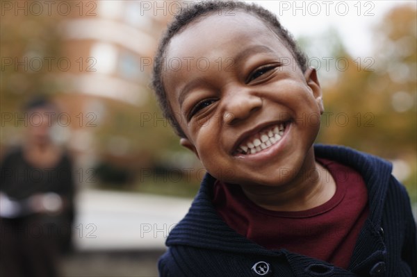 Close up of smiling face of African American boy