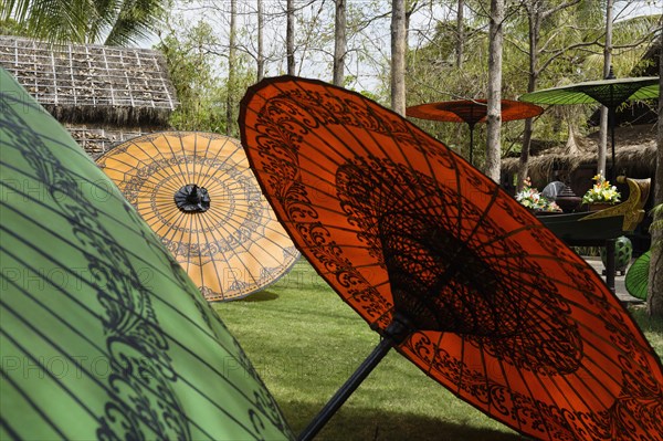 Traditional parasols in backyard