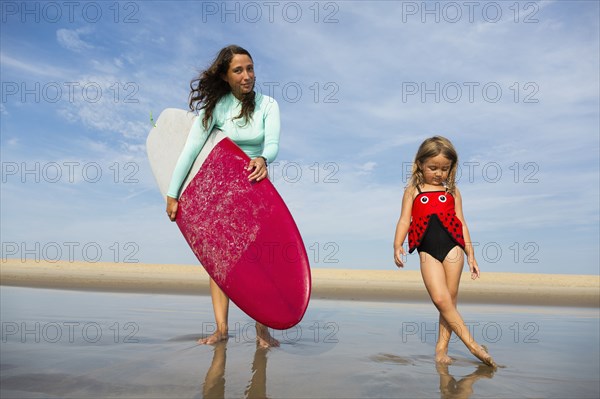 Mother and daughter playing in waves on beach