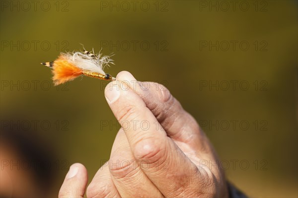 Hand holding fly fishing lure