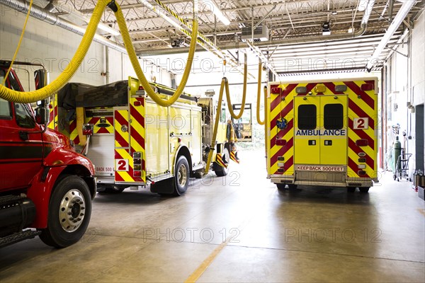 Fire trucks in fire station