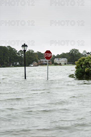 Flooding around stop sign and streetlamp