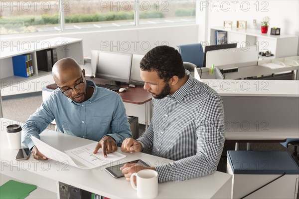 Men reading paperwork in office