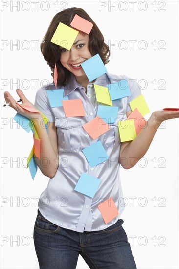 Woman covered in sticky notes