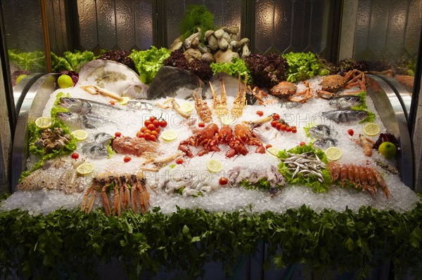 Seafood displayed on ice