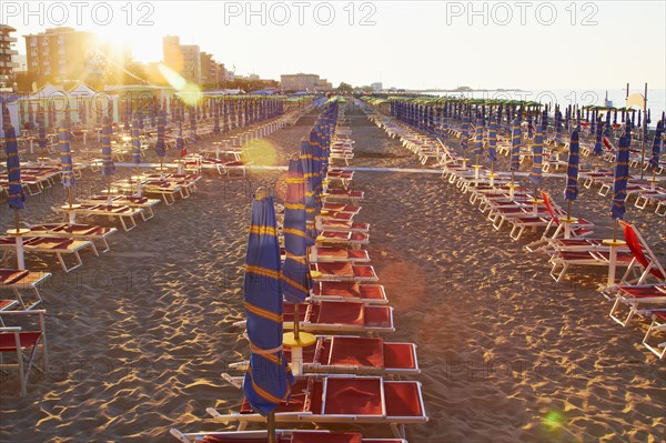 Umbrellas and beach chairs in a row on beach